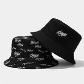 Two Side Bucket Hat One Side With Embroidery Logo on Front One Side With All Over Printed Logo Reversible Bucket Hat