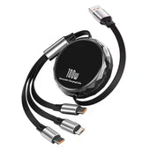 100W 6A 3-in-1 Retractable Fast Charging USB Cable Pure Copper Conductor IOS Android Type-C Computer 1.2m (TPE Jacket)